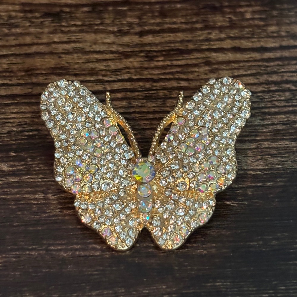 Gold Tone Iridescent Rhinestone Butterfly Brooch Pin Pave Crystal Accessory